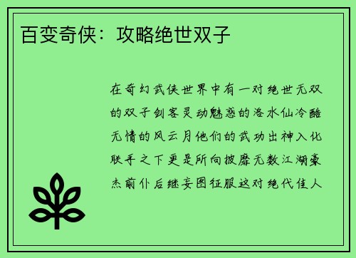 百变奇侠：攻略绝世双子